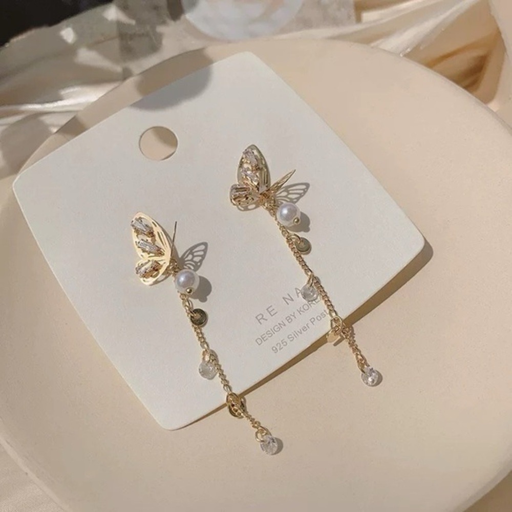 Butterfly Dangle Earrings Women OS Gold New Long Drop Chain Pearl Accents
